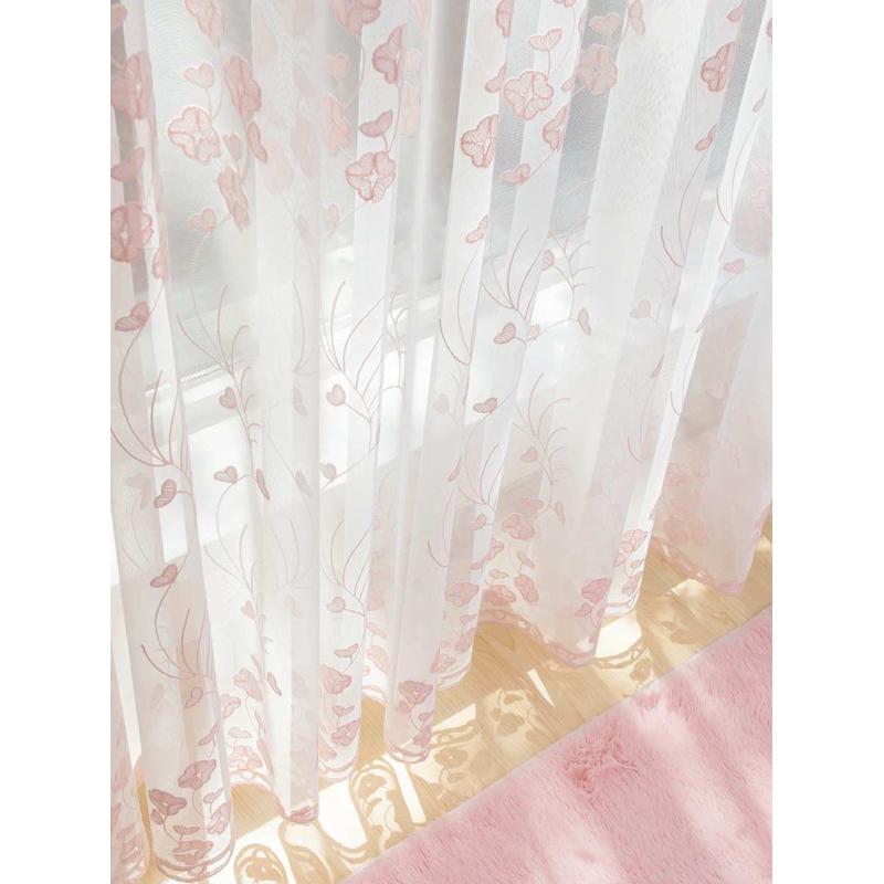 韩式粉色窗卧室26x8窗帘纱帘落地绣花遮光飘公主风窗纱窗窗帘帘布