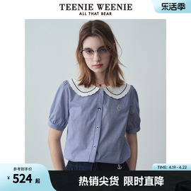 TeenieWeenie小熊2024年夏季娃娃领格纹衬衫泡泡袖短袖衬衣女