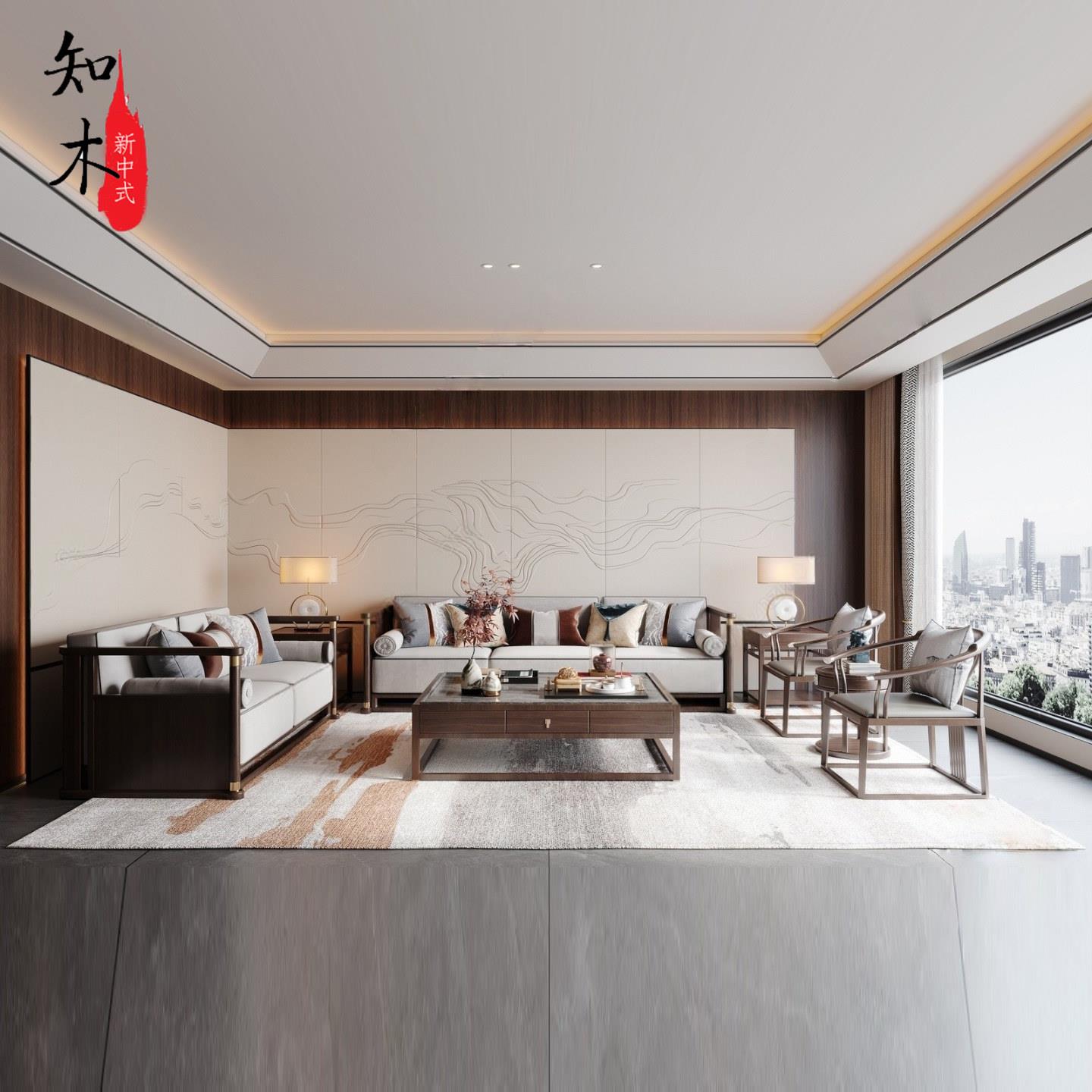 新中式实木沙发组合现代高端别墅样板间房客厅民宿设计师家具定做