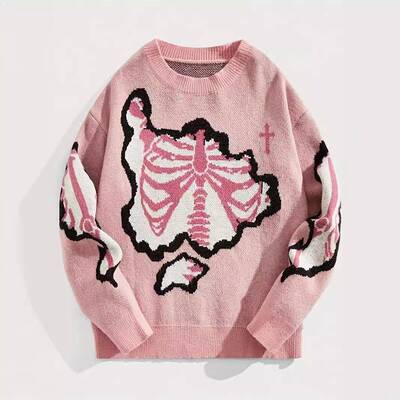 Men's Y2K Sweater Grunge Skull Graphic Long Sleeve Crewneck