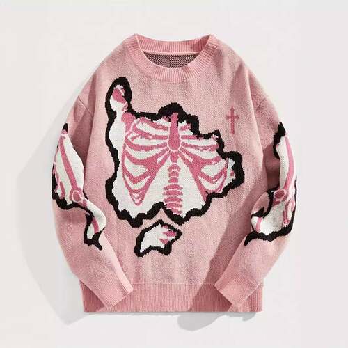 Men's Y2K Sweater Grunge Skull Graphic Long Sleeve Crewneck