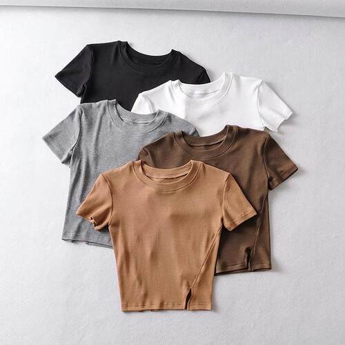 Round neck tight fitting short top with slit hem short
