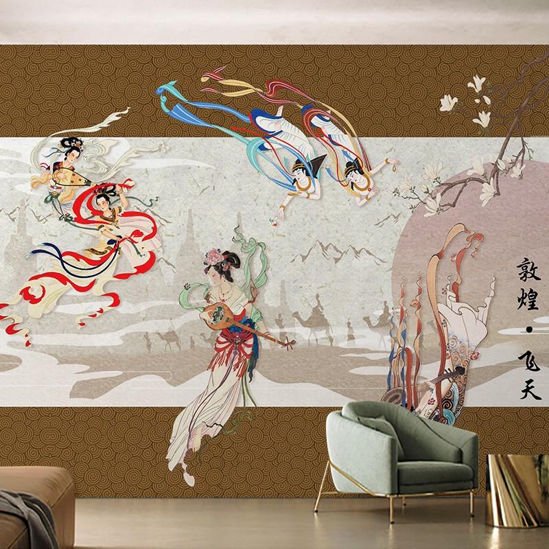 敦煌飞天仙女图墙纸酒店大堂客房玄关定制壁画足浴采耳理疗店墙布