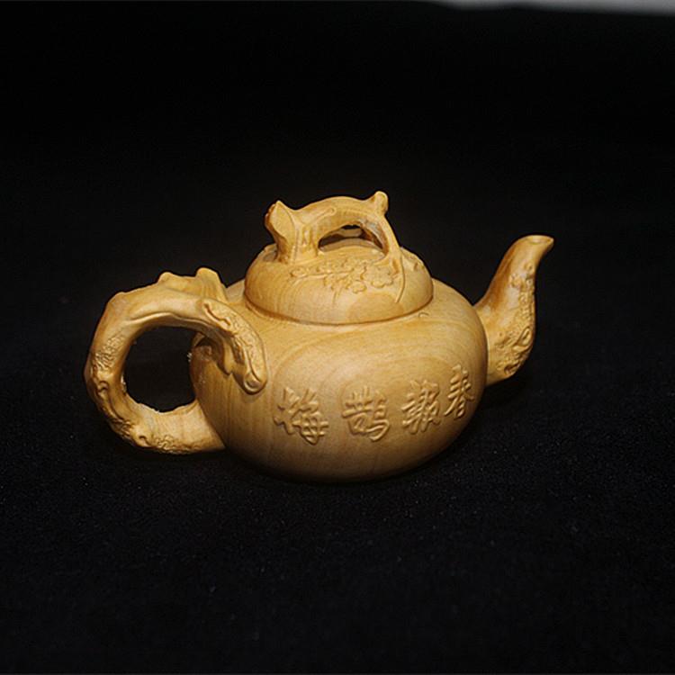 花鸟画木质茶壶摆设 黄杨木雕摆件工艺品家居饰品汽车摆件