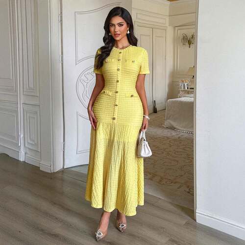Pure Color Casual Button Decor Long Dress Fitted Short
