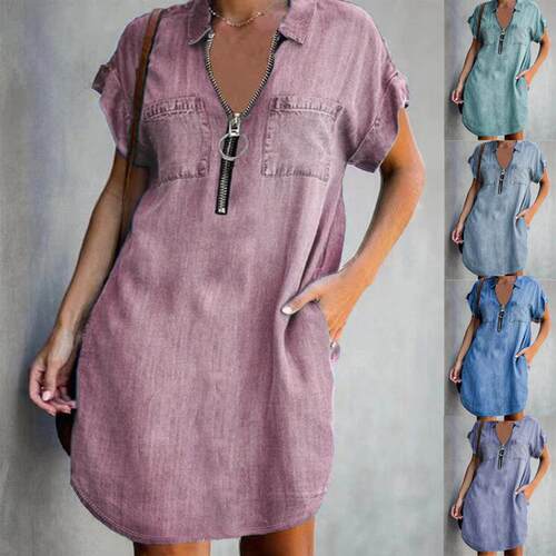 Collar short sleeved dress denim lining dress