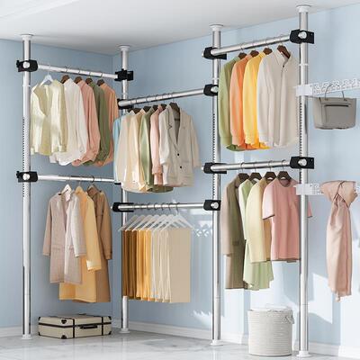 A9L顶天立伸地简置衣架家用落地卧室缩F767S887挂衣杆衣帽间易衣