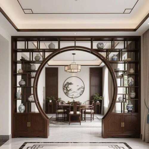 2025新中式实木屏风花格月洞门客厅月亮门仿古隔断圆形拱门博古架