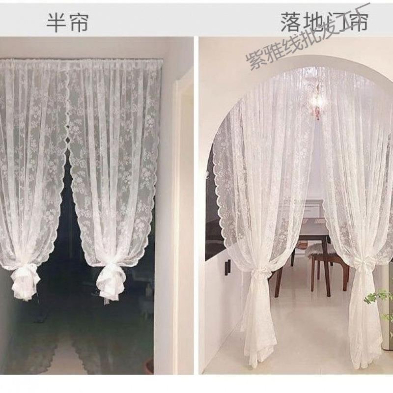 法式蕾丝门帘纱帘半帘魔术贴窗帘免打孔安装隔断帘送伸缩杆公主风