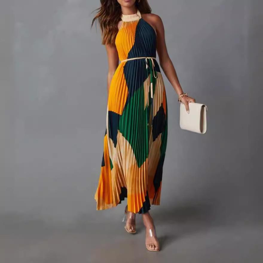 Backless Tie-Strap Accordion Pleated Dress