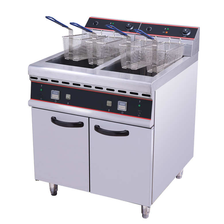 商用西餐厨房设备燃气电炸炉立式电炸锅连柜座台式双缸四筛电炸锅