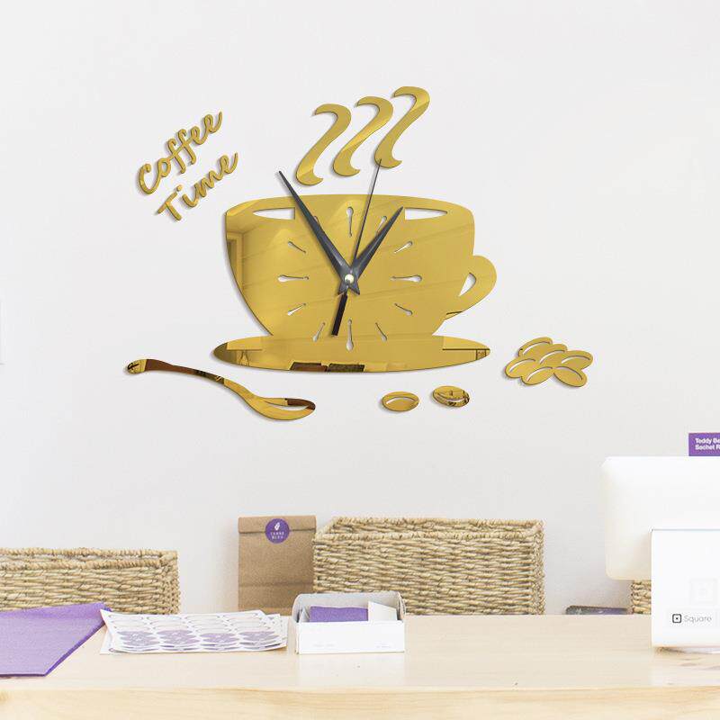 创意diy咖啡杯镜面挂钟静音钟表现代家居装饰墙贴钟