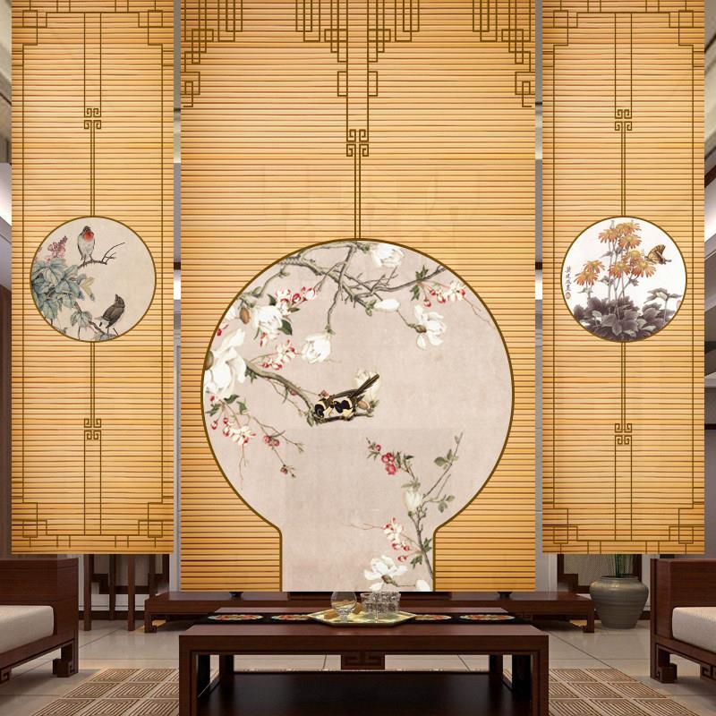 定制中国茶道印花竹帘卷帘餐厅遮阳竹帘可调门帘隔断卷帘竹帘卷帘