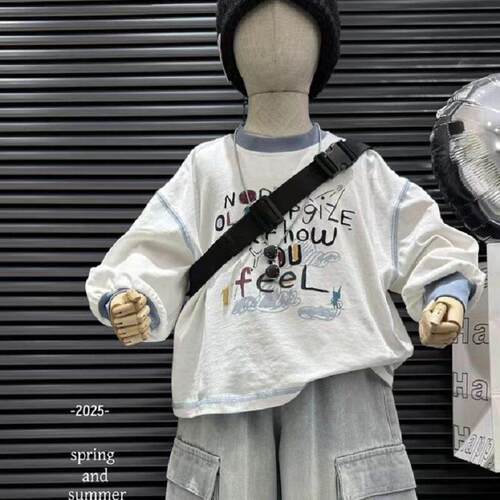 韩国宝宝童装2025春秋装新款男童帅气百搭长袖T恤纯棉拼色打底衫
