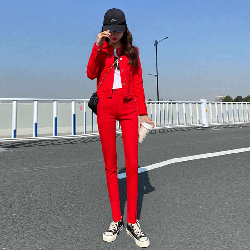 牛仔套装女2024新款春秋时尚洋气短款本命红色显瘦减龄两件套大码