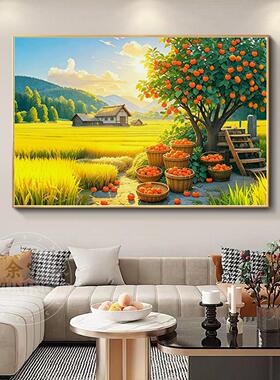 田园风景客厅装饰画柿柿如意寓意好饭厅挂画金色稻田丰收墙面壁画