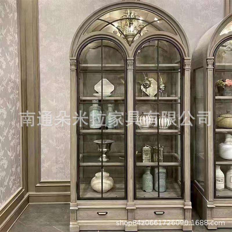 美式建筑复兴实木酒柜拱形半圆实木双门餐边客厅展示柜全实木碗柜