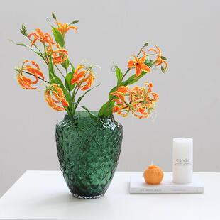 现代简约大口手工墨绿玻璃花瓶摆件高级感家居软装装饰品水培花器