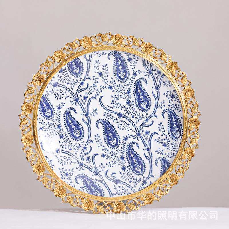 欧式青花蝴蝶挂盘纯铜花边居家客厅墙壁样板房摆件饰品工艺品