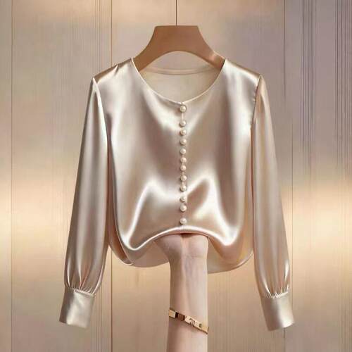 Fashion Fitted Long Sleeve Top Elegant Glossy Satin Round