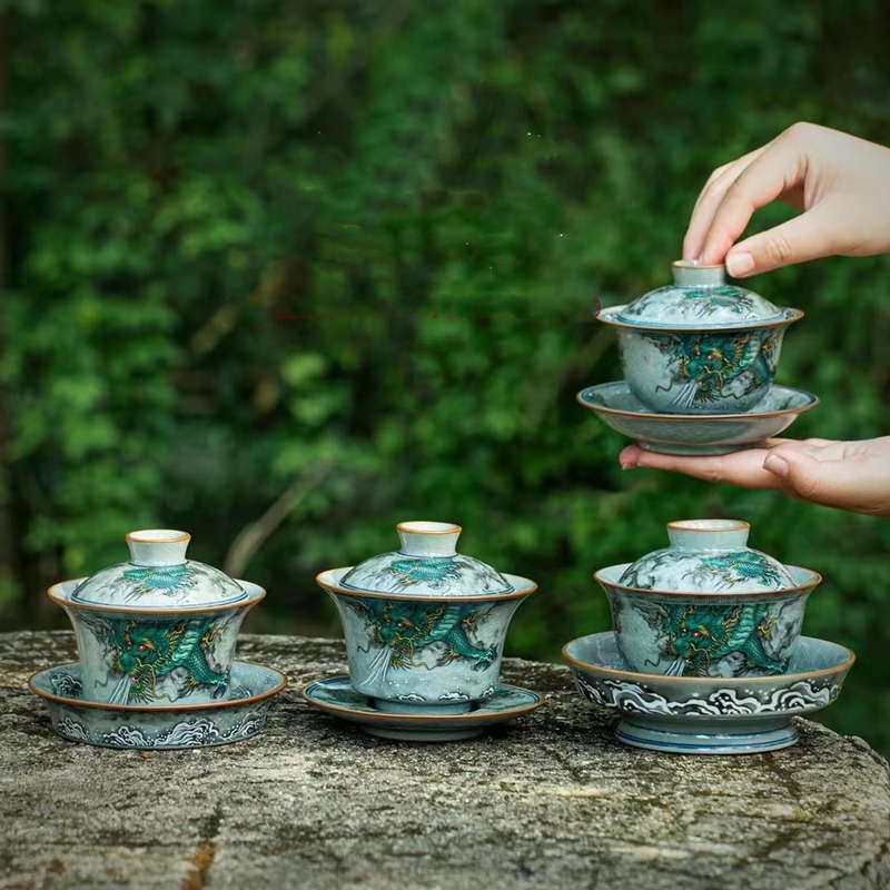 泡茶盖碗茶杯功夫茶碗泥三才高脚陶具老龙游曲沼陶瓷带单个盖家用