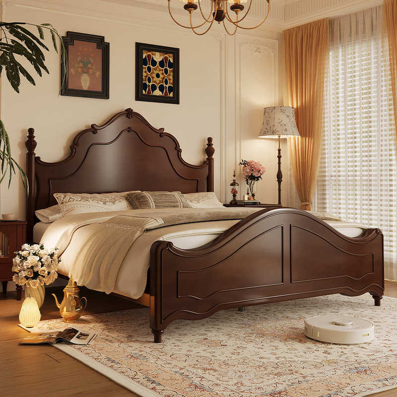 美式复古床架带床头小户型家用木床1米5胡桃色实木床加床垫单人床,住宅家具,实木床,淘宝优惠券,粉丝福利购,淘宝优惠卷