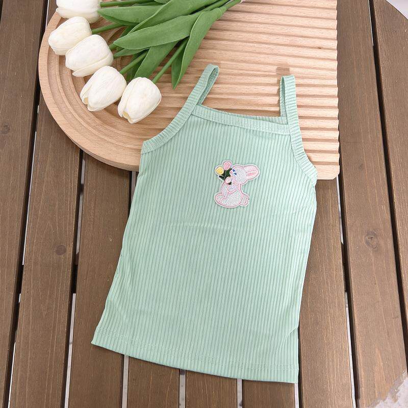 2024女宝无袖上衣卡通刺绣针织修身弹力背心女童吊带衫糖果色夏装