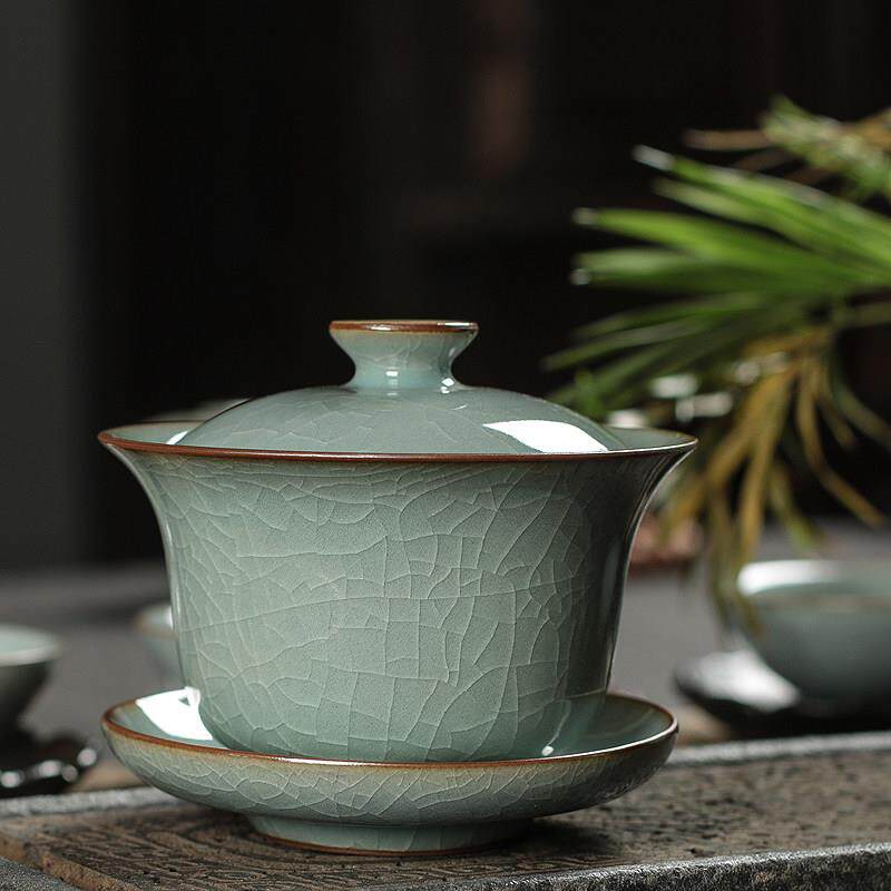 青瓷三才盖碗茶杯大号家用覆古泡茶功夫茶具龙泉哥窑冰裂陶瓷单个