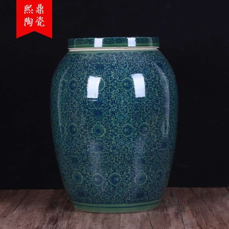 景德镇陶瓷仿古青花米桶储物罐腌菜坛储米箱 带盖50斤装坐凳