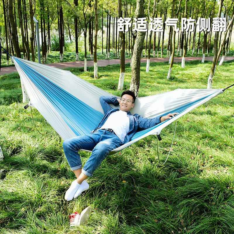 新款防侧翻撑杆吊床户外野营单人双人加大加厚降落伞布露营吊床
