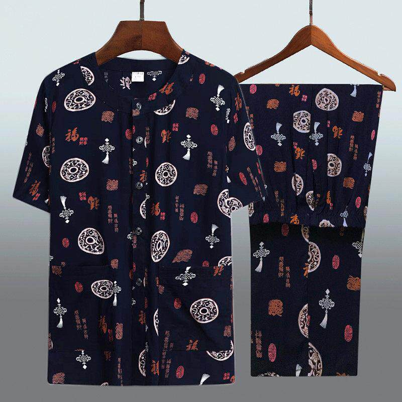 夏季中老年人男士棉绸睡衣薄款家居服睡衣开衫爸爸短袖绵绸男套装