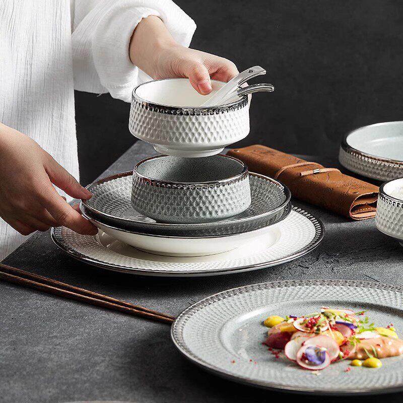 日墨瓦轻奢北欧风高级感陶瓷碗碟家用碗盘筷简约银边餐具乔迁送礼