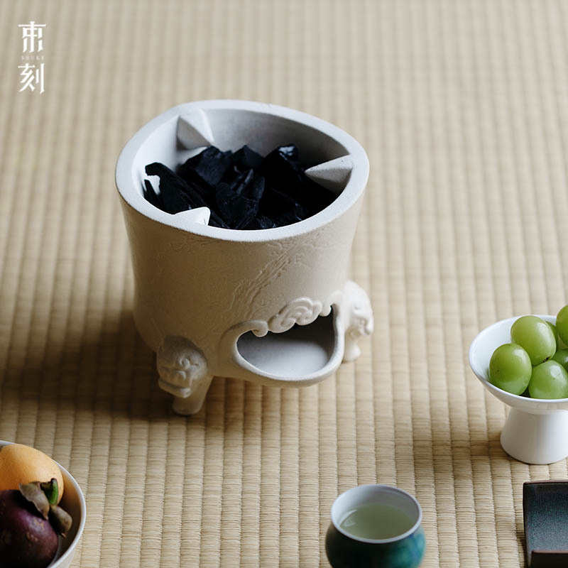束刻 全手工粉引三省风炉耐火泥白泥复古日式围炉煮茶碳炉茶事