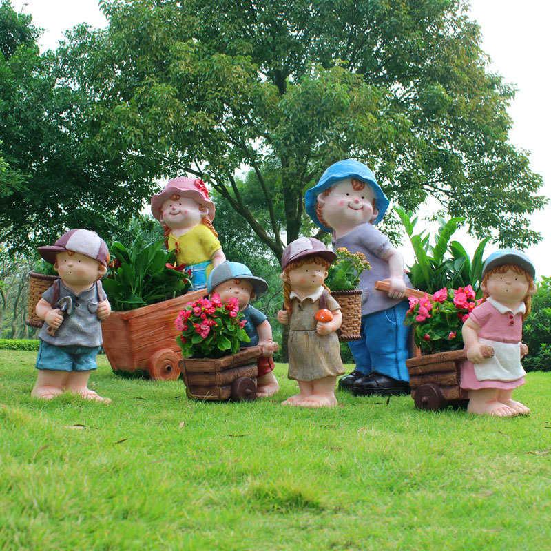 花园摆件庭院装饰户外树脂卡通人物娃娃花盆园林景观造景雕塑小品