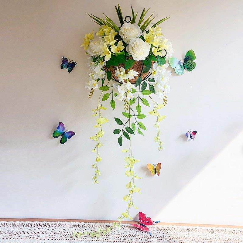 彷真挂壁花艺假花假草悬挂墙壁植物壁挂壁饰挂件玫瑰花壁挂手工花