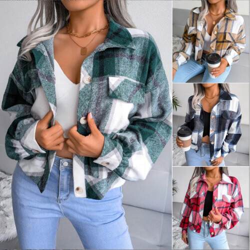 Checkered lantern long sleeved woolen coat jacket women's
