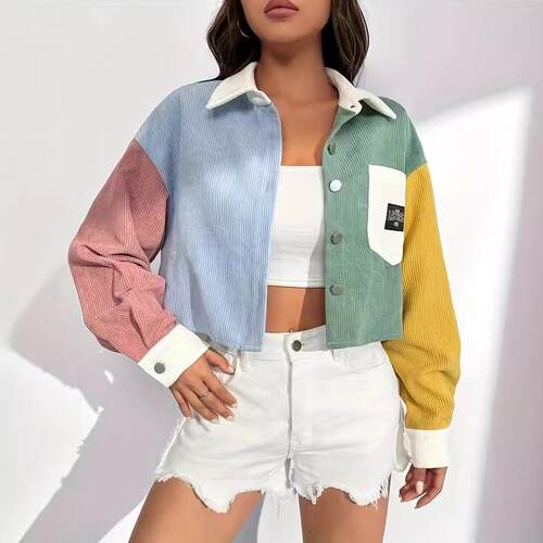 Corduroy patchwork thin jacket short top for women