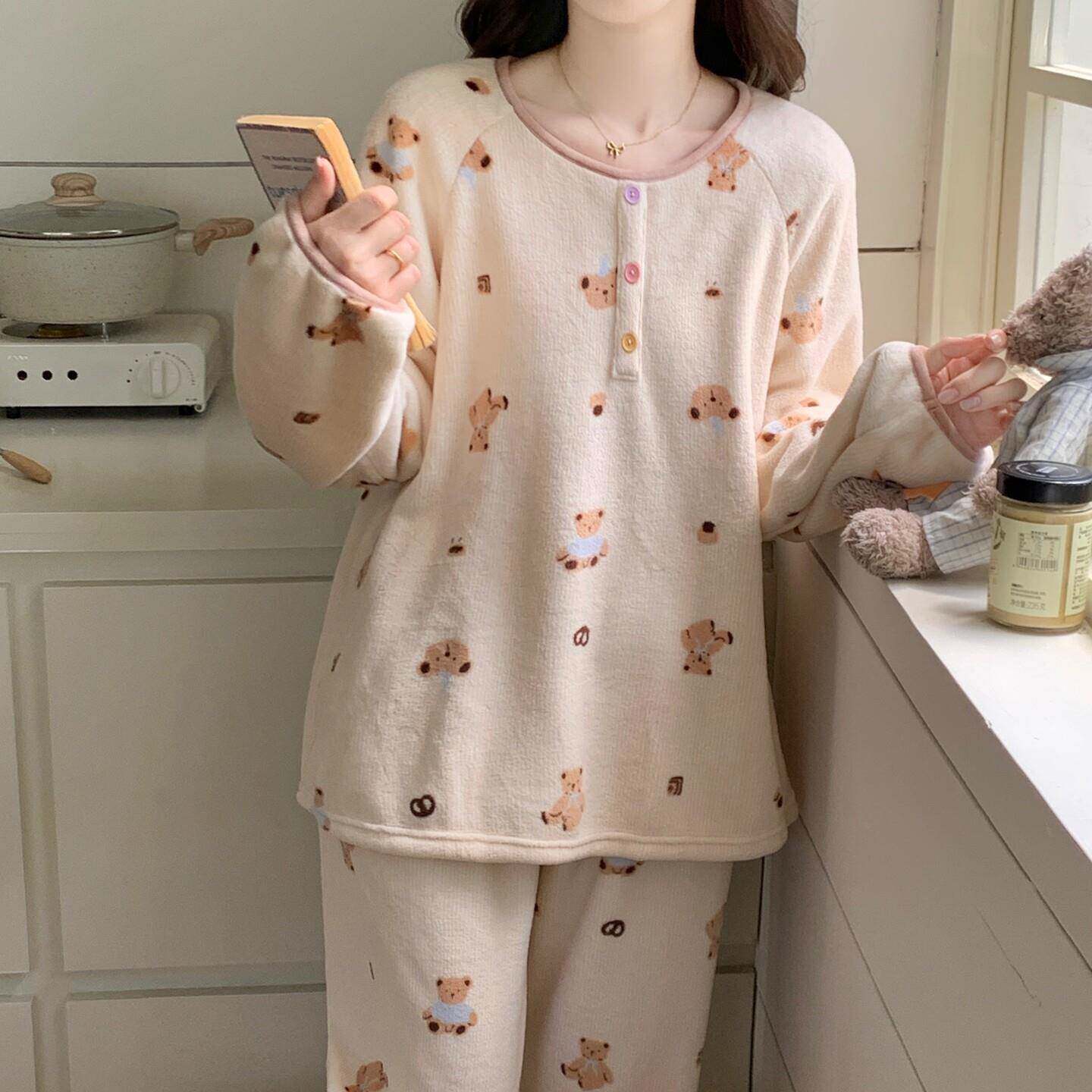睡衣小熊法兰绒女秋冬季长袖长裤珊瑚绒薄绒加绒2026年新款1027d