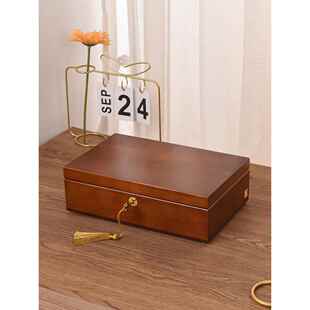 高档轻实木饰品三金首饰收纳奢盒高档手精致珠宝黄首金饰盒带锁新