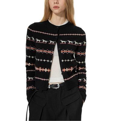 黑洞 秋冬新款小狗羊毛衫开衫短款费尔岛针织毛衣外套女