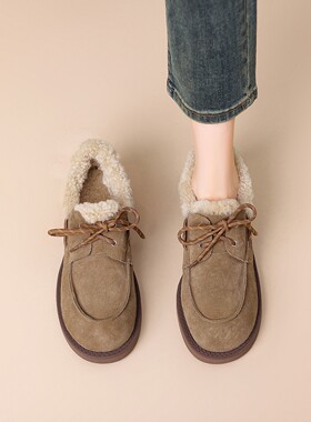 【意大利】René Vanvilla羊羔毛加绒?粗跟4cm 真皮毛毛系带单鞋