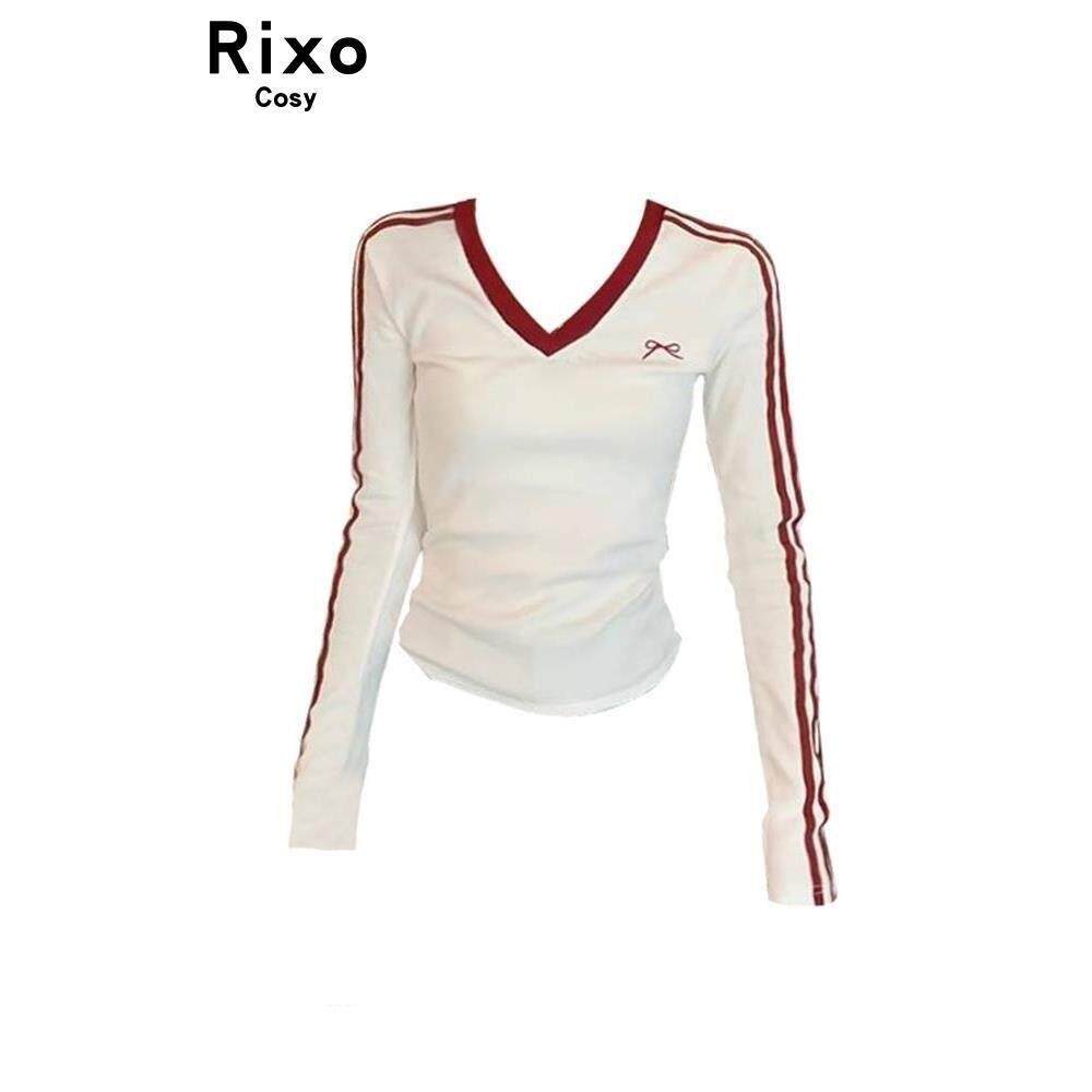 Rixo Cosy蝴蝶结V领白色正肩长袖t恤女秋季新款纯棉修身短款上衣