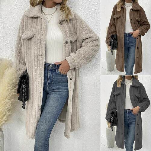 Hairy collar long sleeved woolen coat top for women