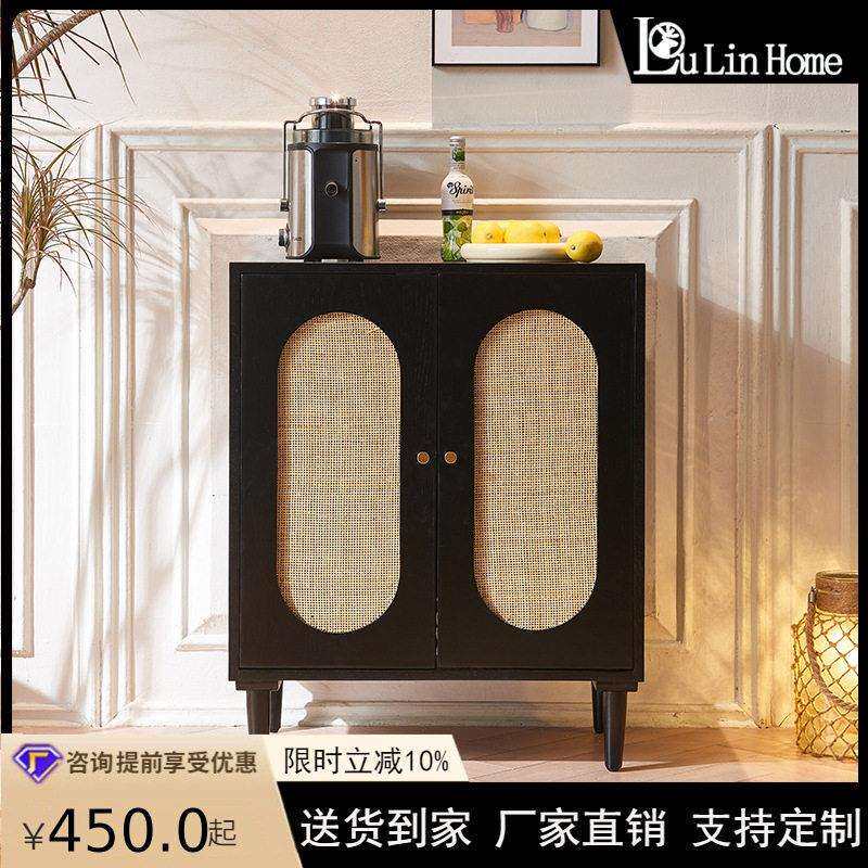 藤编实木餐边柜日式黑色餐厅小户型大容量收纳双门柜子双层对开门