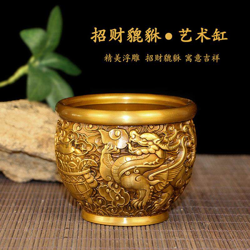 铜缸纯铜招财貔貅缸家用覆古聚宝盆存钱罐风水麒麟缸送礼桌面摆件