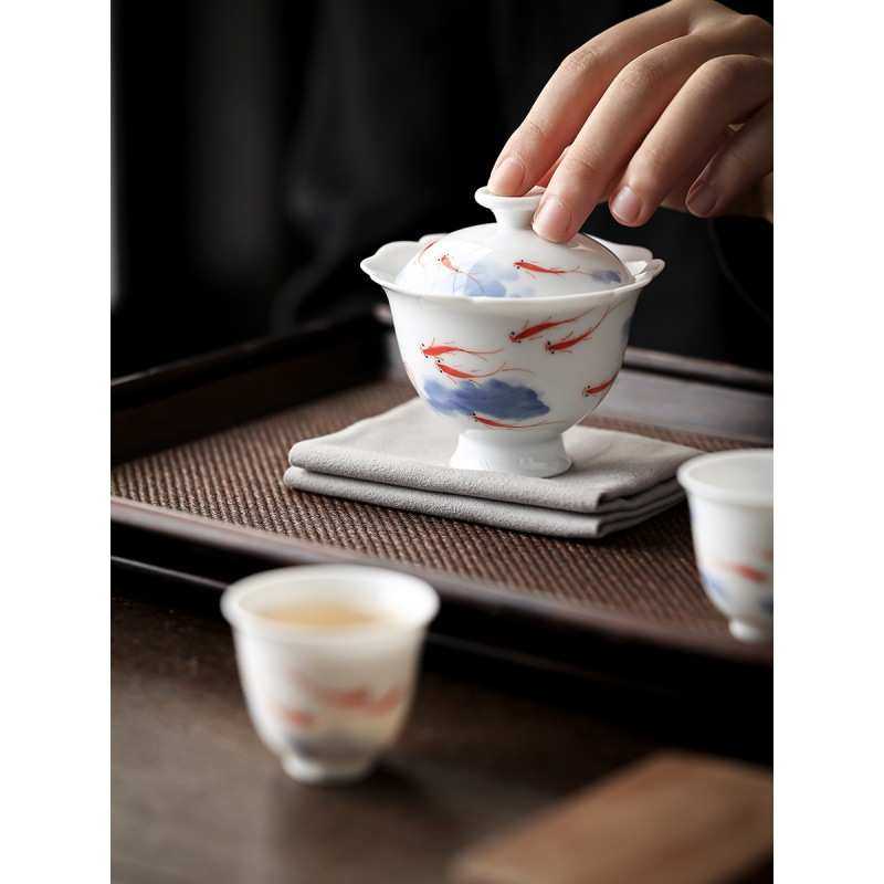纯手绘墨画鱼戏花边二才盖碗单个高档茶碗带盖三炮台泡茶茶具陶瓷,餐饮具,盖碗,淘宝优惠券,粉丝福利购,淘宝优惠卷