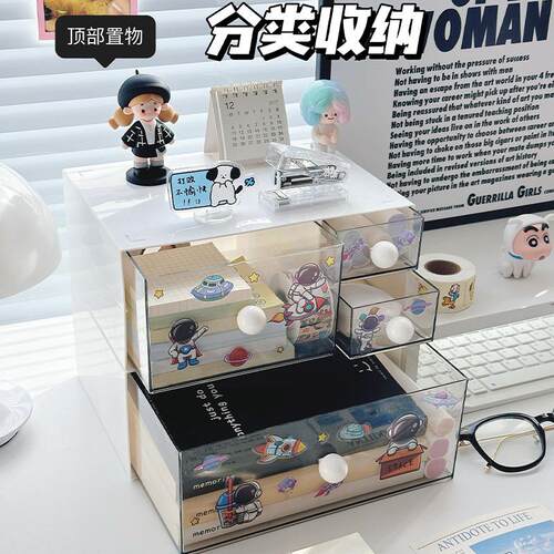 桌面收纳盒抽屉式透明书桌上文具化妆品置物架办公室整理盒