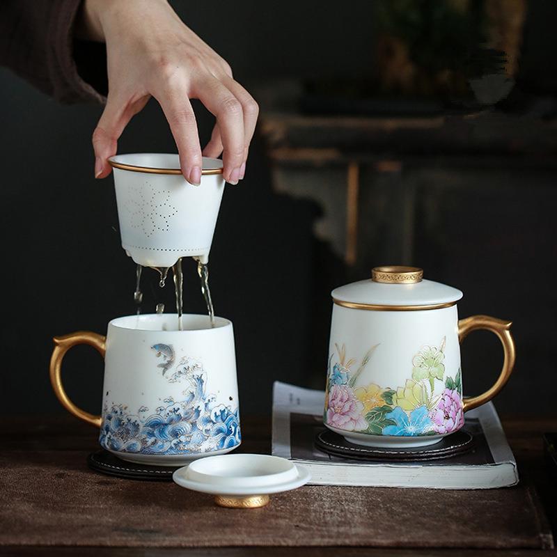 渡景山房白玉瓷水杯描金陶瓷茶水分离办公杯带盖过滤泡茶杯礼盒装