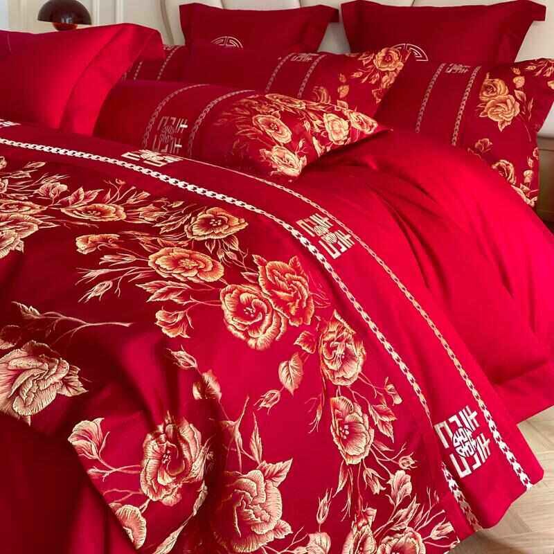 结婚喜庆床上用品四件套高档婚庆纯棉全棉床单被套大红色新婚嫁房,床上用品,婚庆床品套件,淘宝优惠券,粉丝福利购,淘宝优惠卷
