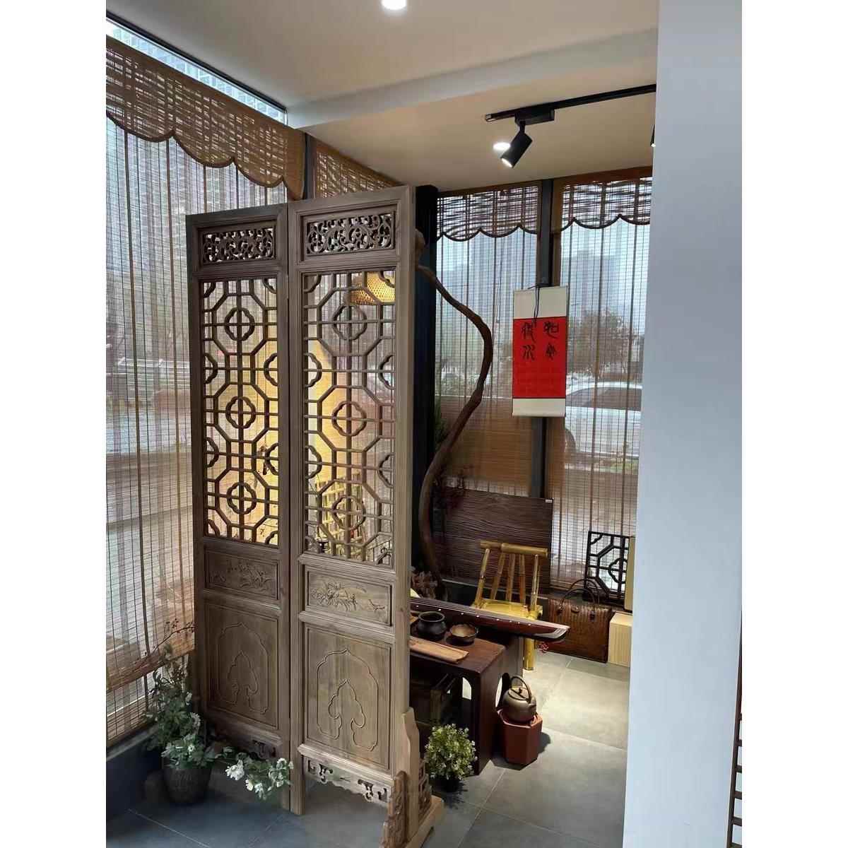 L7中式做旧屏风客厅实木隔断装饰可折叠移动仿古花格屏风办公室玄